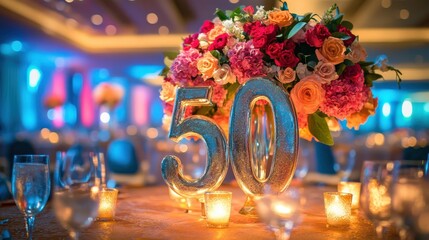 A stunning centerpiece showcases an array of colorful flowers above a large 50, surrounded by glowing candles at a festive birthday celebration
