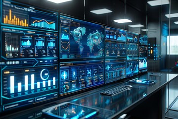 Modern control room displaying advanced data analytics on multiple screens at a technology hub during daylight hours