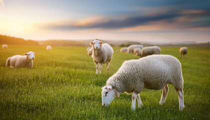 Fototapeta premium sheep grazing on a beautiful farm field, grass field background, Fresh and Relax concept. For montage product display or design key visual layout. View of copy space