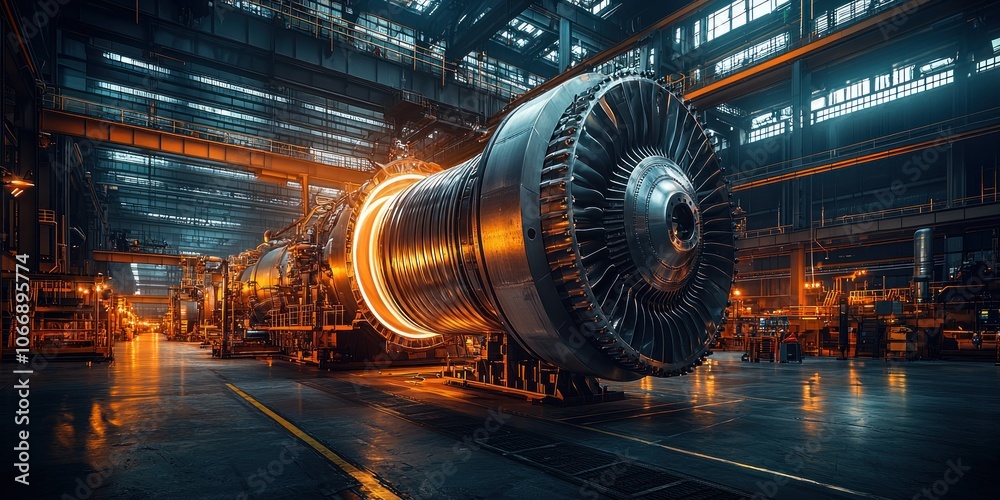 Poster industrial turbine engine in factory setting