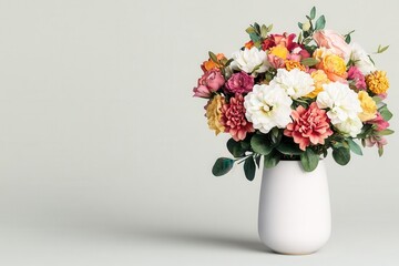 A vibrant bouquet of multicolored flowers arranged in a simple white vase against a soft, neutral background.