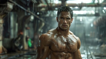Muscular Man With Intense Gaze in the Rain: A Powerful Action Hero