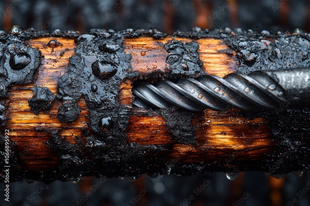 Poster drill bit embedded in tar-coated wood