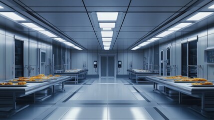Obraz premium The interior of a food factory displays equipment and preparation areas where ready-made meals are assembled and packaged for delivery to stores