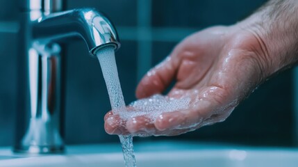 Fototapeta premium Close up of a Hand Washing Under Running Water in a Bathroom Sink, Emphasizing Hygiene and Cleanliness
