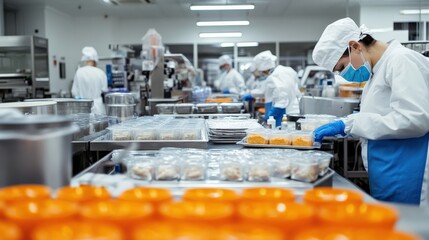 Workers in a food factory focus intently on preparing and packaging ready-made meals. This bustling environment features organized workstations and efficient processes