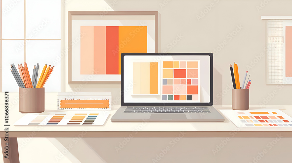 Fototapete a clean and minimal workspace with a laptop displaying a color palette on the screen, surrounded by 