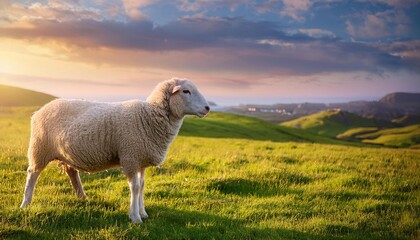 Fototapeta premium sheep grazing on a beautiful farm field, grass field background, Fresh and Relax concept. For montage product display or design key visual layout. View of copy space