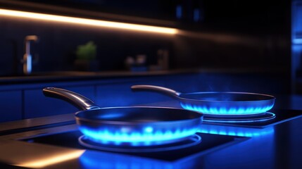 Frying Pan on a Stovetop with Blue Flames