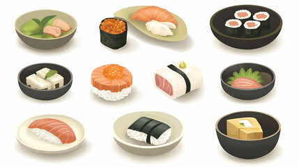 A collection of various sushi and Japanese cuisine items, including nigiri, maki, sashimi, and tofu.