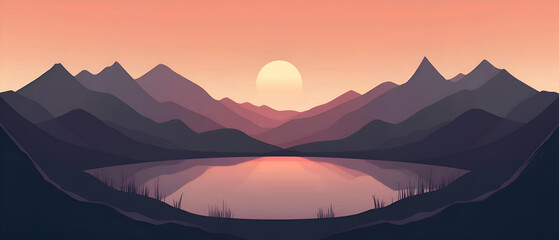 A crescent shaped lake nestled between silhouetted mountains at sunset, with a warm glow in the sky.