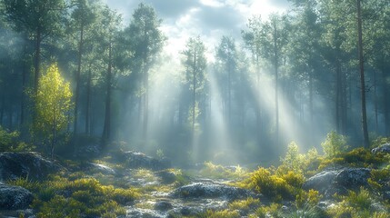 Obraz premium Sunbeams pierce through the misty forest, illuminating a path amongst the trees and rocks.