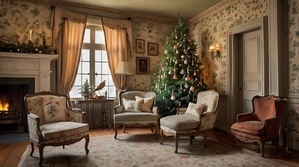 Decorated room with big christmas tree with lights and box gifts at evening or night. Classic interior decoration inspiration. Preparation for holidays and celebration, cristmas or new year eve