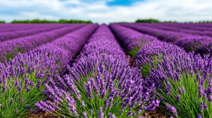 Obraz premium Purple Lavender Field Rows in Summer with Blue Sky