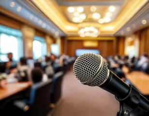  A microphone positioned in the foreground of a conference room. Generated image