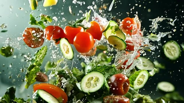 Fresh vegetables in motion, including lettuce, cherry tomatoes, cucumber slices, and herbs, flying mid-air with seasoning, creating a vibrant and dynamic salad preparation scene