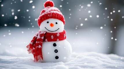 Cheerful snowman wearing a red hat and scarf against a snowy background.