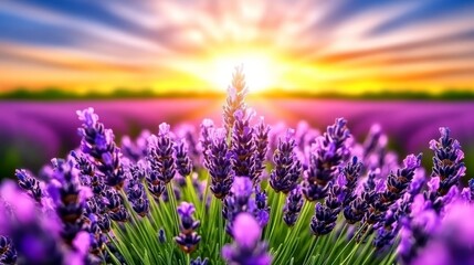Obraz premium Lavender Field Sunset Purple Flowers in Bloom Summer Nature Background