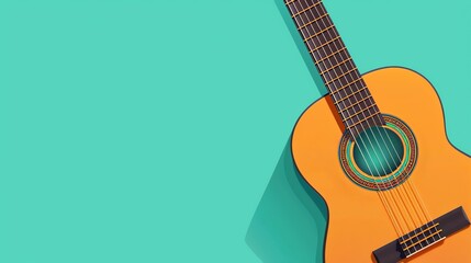 Naklejka premium A yellow acoustic guitar on a teal background.