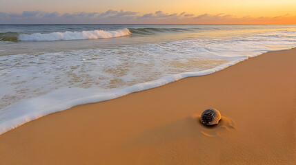 A single coconut shell lies on a sandy beach as a wave rolls in at sunrise.