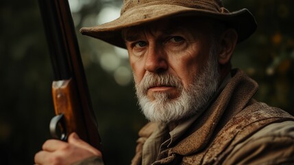 A serious man in a weathered hat holds a hunting rifle in a forest during overcast conditions, ready for an outdoor adventure in the wilderness