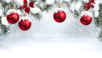 Red holiday baubles on snow-covered fir branches, set against a soft winter backdrop, perfect for seasonal banners.