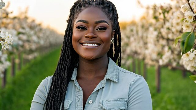 A woman with long black braids smiles in front of a row of blossoming trees