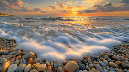 A wave breaking on a pebble beach at sunset.
