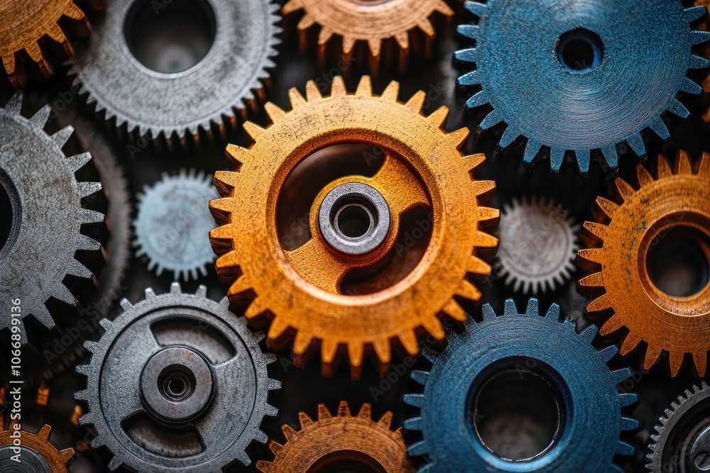 Poster close-up of interlocking metallic gears