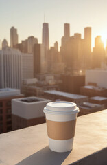 Urban eco-friendly coffee cup mockup on rooftop during sunrise, perfect for cafe branding campaigns