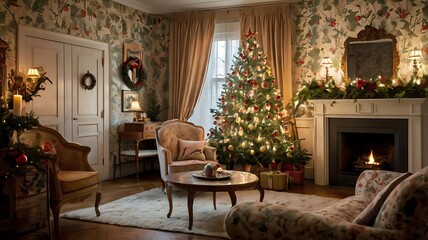 Decorated room with big christmas tree with lights and box gifts at evening or night. Classic interior decoration inspiration. Preparation for holidays and celebration, cristmas or new year eve