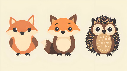 Fototapeta premium Cartoon fox, owl, and hedgehog with big eyes.