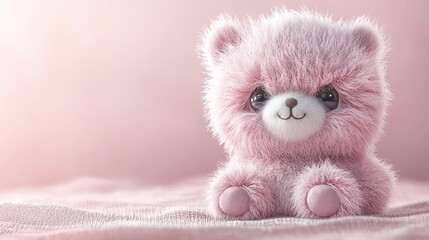 Cute pink teddy bear on a soft surface with a gentle, warm background.