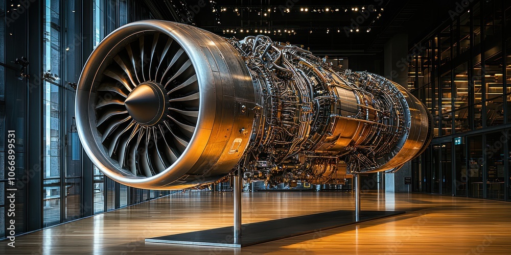 Poster a close-up view of a large, detailed airplane engine on display in a modern interior setting