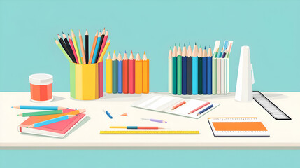 Colorful pencils, a notebook, a ruler, and other art supplies on a white desk.