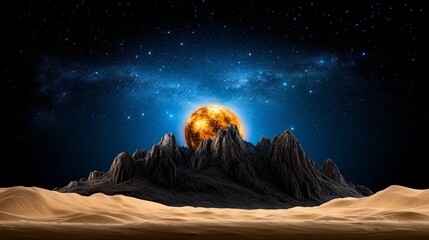 Night Sky with a Golden Moon Desert Landscape and Mountains