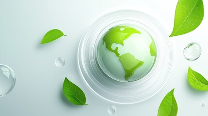 Obraz premium Green globe surrounded by fresh leaves and water droplets on a bright background.