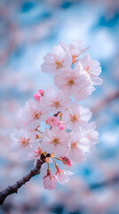 Obraz premium Delicate pink cherry blossoms in full bloom against a blue sky.