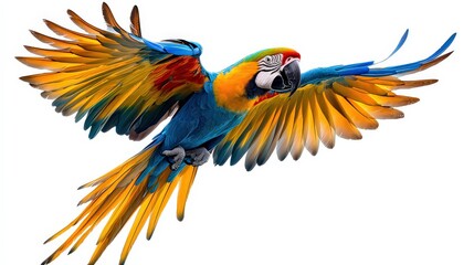 Obraz premium Brilliant blue-and-gold macaw mid-flight with wings outstretched, feathers vibrant and richly detailed.