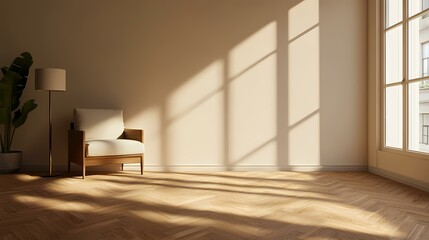 A sunny living room with a large window, wooden floors, a single armchair, a floor lamp, and a leafy green plant.