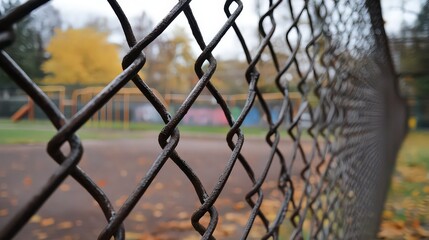  Close-up of chain-link fence surrounding a playground in autumn, with soft focus on colorful leaves and equipment in background, creating nostalgic mood.