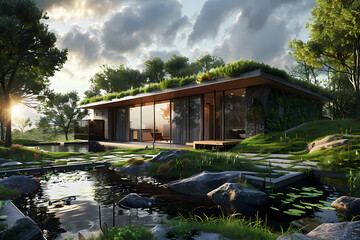 A modern eco-friendly house with a lush green roof, surrounded by tranquil waters and natural greenery, creating a serene atmosphere at sunrise.