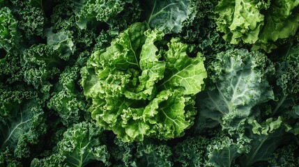  Painting of leafy greens, with kale and spinach rendered in deep watercolors, rich emerald and forest greens.