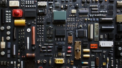 Electronic components neatly arranged, including resistors, capacitors, and microcontrollers