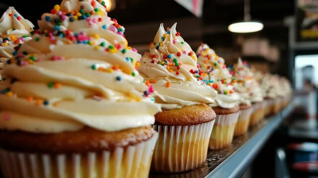 Close-up of freshly baked cupcakes topped with swirls of vanilla frosting and colorful sprinkles, lined up in a bakery display for a festive and delicious appeal