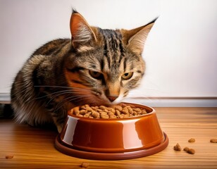 A person feeding a cat from a bowl with pet food . Generated image