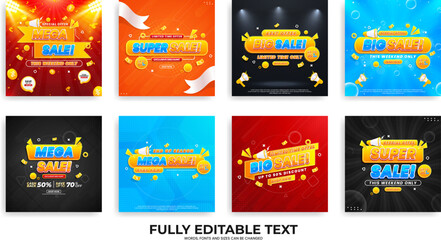 Collection of sale discount promo banner template. Set of flash sale big sale super sale mega sale isolated on abstract realistic background