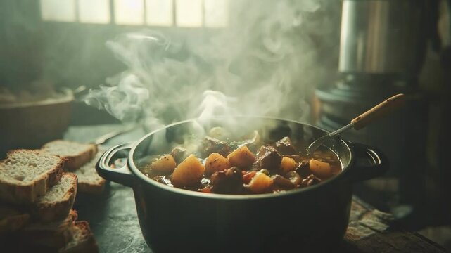 Steaming hot pot of hearty stew with tender meat, potatoes, and vegetables, creating a cozy and rustic atmosphere, perfect for a comforting home-cooked meal