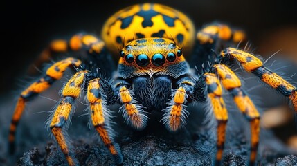 Fototapeta premium Close-up of black and yellow spider with detailed patterns, macro of spider face, natural insect, arachnid in nature, wildlife close-up, tarantula features