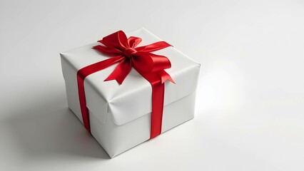 Obraz premium A white christmas gift box wrapped with a bright red ribbon and bow, minimalist elegant festive look with copy space. ideal for celebrations